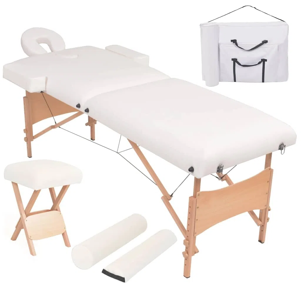 Massageliege 2-Zonen, Klappbar mit Hocker & Nackenrollen, Weiß