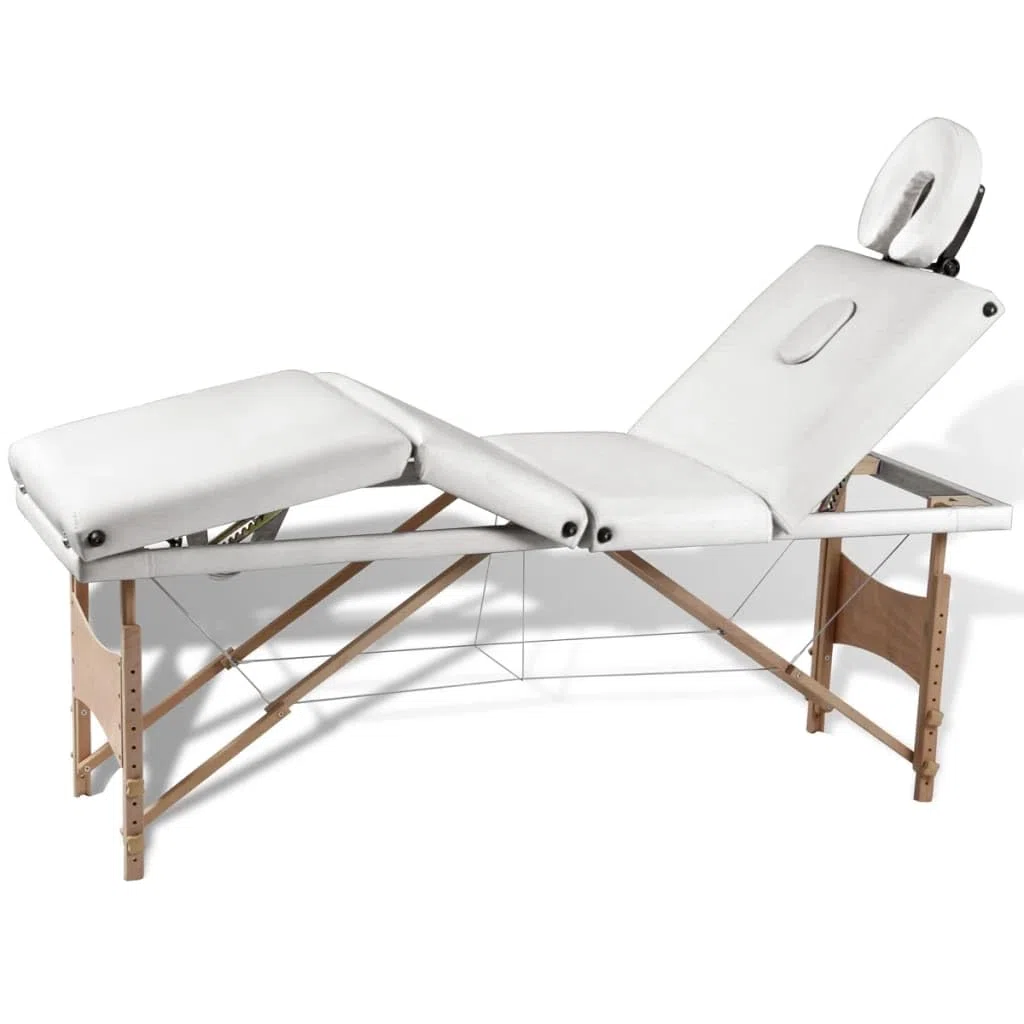 Klappbare 4-Zonen Massageliege mit Holzgestell Cremeweiß, Verstellbare Profi Massagetisch in Kofferform Zusammenklappbar mit Tragetasche