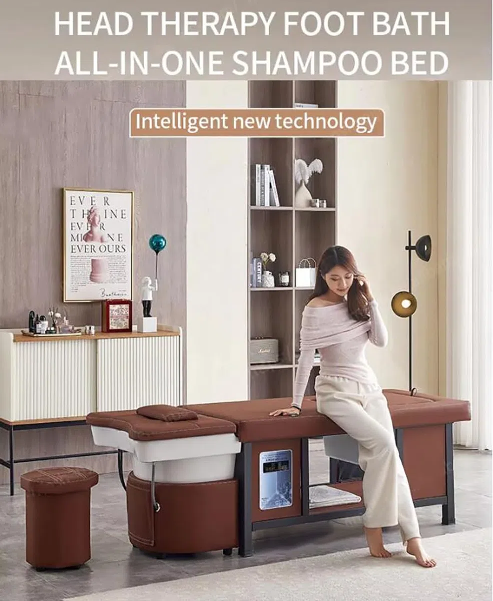 Friseursalon-Waschbecken und -stuhl, multifunktionale Thai-Massage-Waschliege mit viel Stauraum und Wasserkreislaufsystem, Schwarz