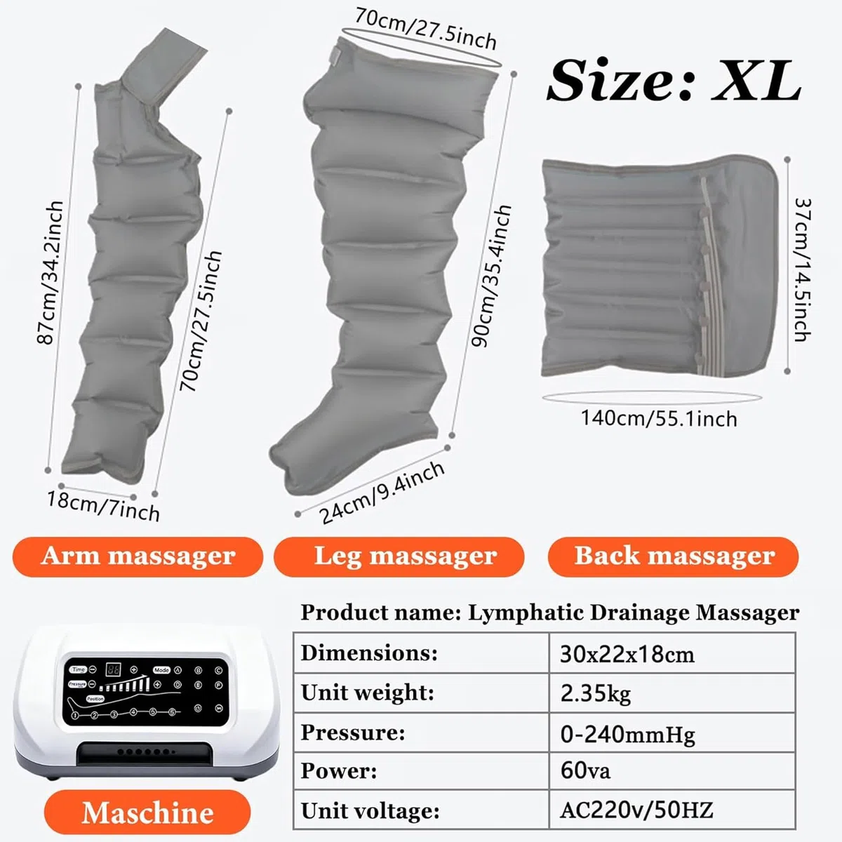 Lymphdrainage Massagegerät mit 6 Kammern, L/XL Air Compression Boots für Lipödem, Pressotherapie & Kompressionsmassage für Ganzkörper, Schmerzlinderung und Wohlbefinden