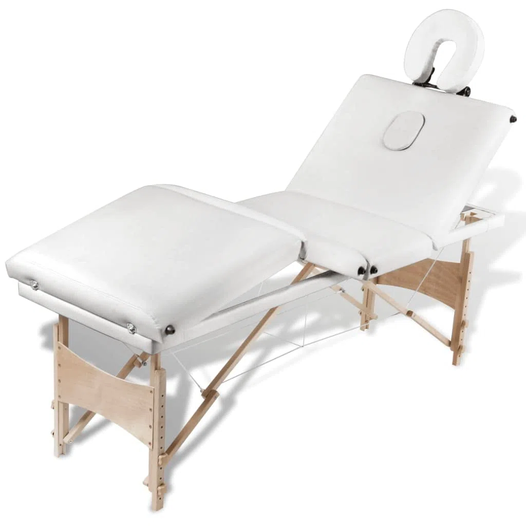 Klappbare 4-Zonen Massageliege mit Holzgestell Cremeweiß, Verstellbare Profi Massagetisch in Kofferform Zusammenklappbar mit Tragetasche
