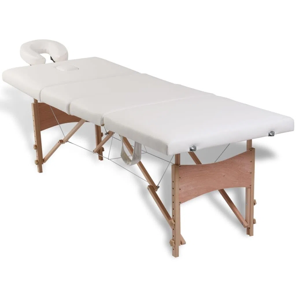 Klappbare 4-Zonen Massageliege mit Holzgestell Cremeweiß, Verstellbare Profi Massagetisch in Kofferform Zusammenklappbar mit Tragetasche